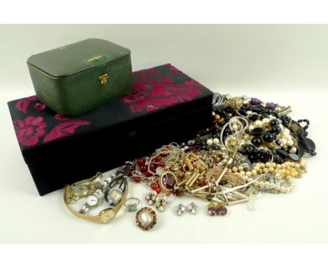 A collection of costume jewellery, to include six lady's wristwatches, faux pearl necklaces, brooches, earrings, bangles and 