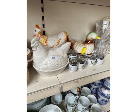 3 hen on nest egg holders including Laura Ashley example and 6 Royal Worcester egg coddlers 