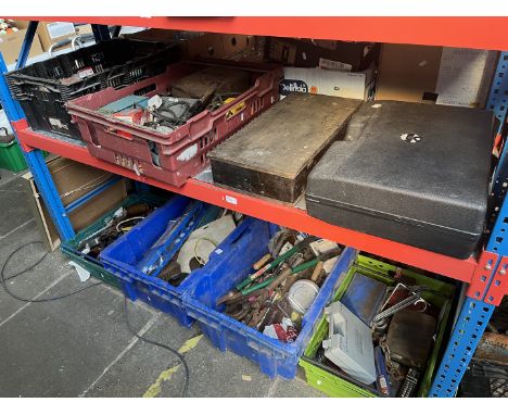 8 boxes of misc garage tools including pick axe head, angle grinder, a Dremel, cable, tool holder etc 