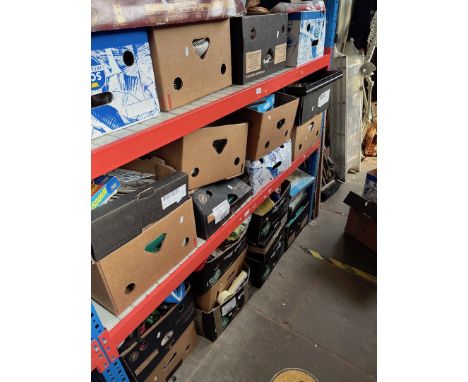 3 shelves of miscellaneous hoxes of household items including part Fleischmann train set, 2 bike helmets, pottery, glassware,