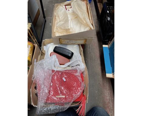 A box containing vintage pyjamas, vintage ladies dress, two handbags and 2 glasses cases with sunglasses