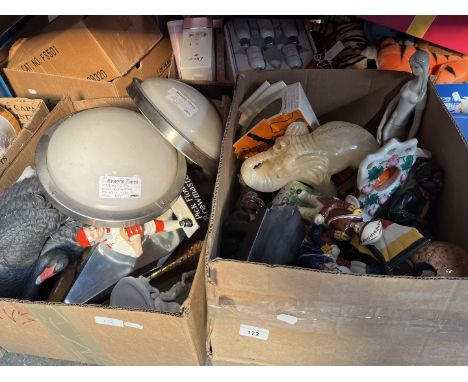 Two boxes of misc items including Staffordshire figures, alabaster elephant, light fittings, Spanish figures etc 