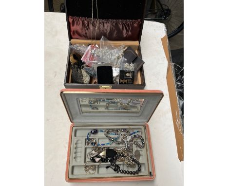 Two jewellery boxes with contents to include compacts, plated dressing set, a vintage Givenchy enamelled logo whistle necklac