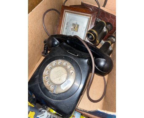 A vintage telephone, barometer and a pair of binoculars with case. 
