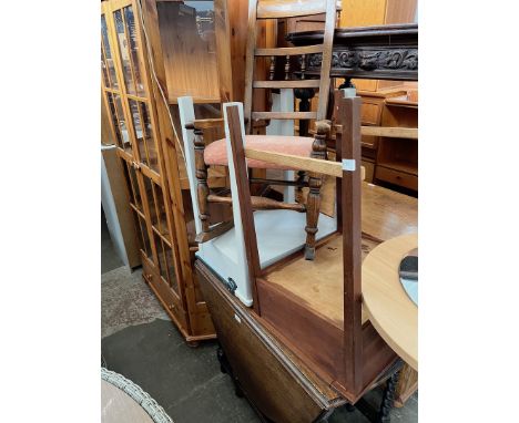 Various items of furniture; an oak drop leaf table, a rocking chair and 2 vintage school desks. 