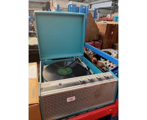 An ITT record player General wear through age and use, scuffs and tears to top, some rust, plug cut off, untested, sold with 