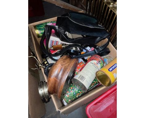 A box of vintage tins, a Polaroid camera, a vintage style telephonePolaroid PolaSonic AutoFocus 4000 land camera. 