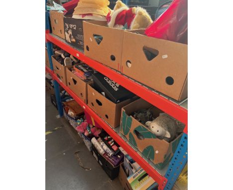 12 boxes of misc items including bodycare products (inc Bayliss and Harding), soft toys, hats, footwear, ceramics, light bulb