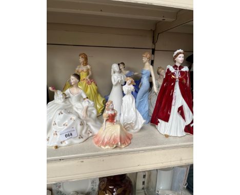 Seven Royal Doulton figures, Coalport figure and a Royal Worcester Queens 80th Birthday figureThe figure behind the Queen has