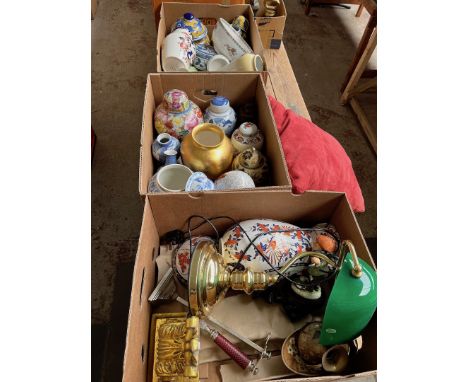 3 boxes of pottery including ginger jars, vases, bowls, bankers lamp etc 