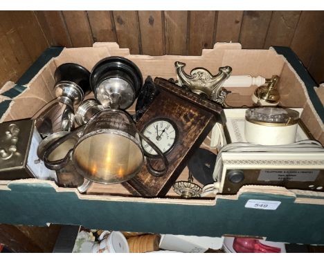 Decorative brass candlestick, boot jack, 2 clocks etc 