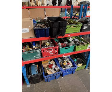 3 shelves (13 boxes) of misc garage items and tools including chain block, cables, brassware, wall hanging bell, sockets, etc