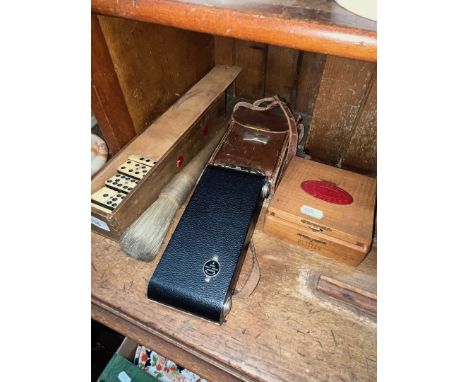 Bone and ebony dominoes in a box, two vintage camera etc. 