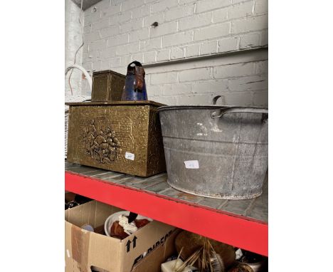 Various items of metalware; a brass coal scuttle, a brass tea caddy, oil can and a galvanised basin with lid.The galvanised b