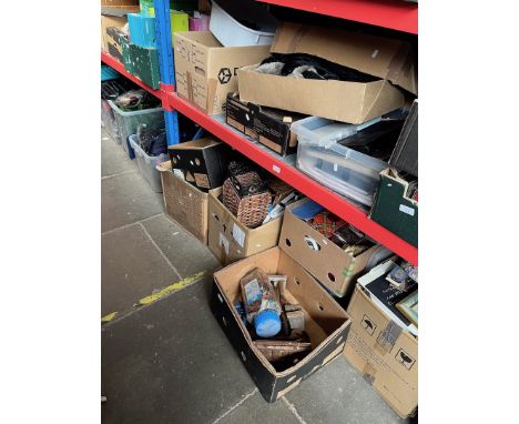 9 boxes of miscellaneous items including pottery, wicker ware, collectables, bread maker, electric radiator, artist's materia