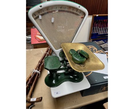 Vintage large shop scales by Avery together with kitchen scales and set of weights 