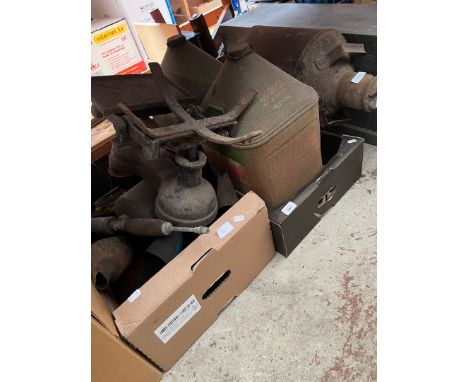Assorted oil cans and pourers including tractor oil etc., together with a set of vintage scales and a "PARK DRIVE CIGARETTES"