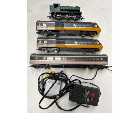 Two Intercity 125 model train engines and one carriage with transformer. 