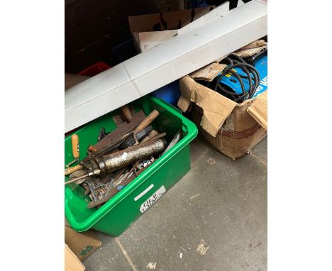 3 boxes of tools, a Mono Welder item 1202, a MacAllister scarifier attachment, and a n extension pole for a Bosch hedge trimm