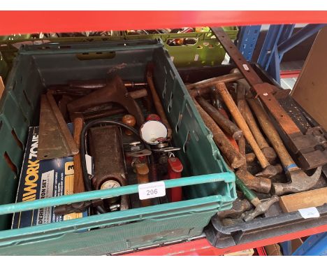 Two trays of tools including planes, hammers, chisels etc and a sash clamp. 