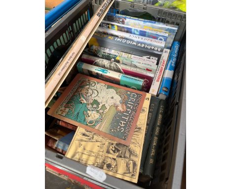 A box of cycling books including vintage books, guides, 100 years of cycling posters, postcards etc. 