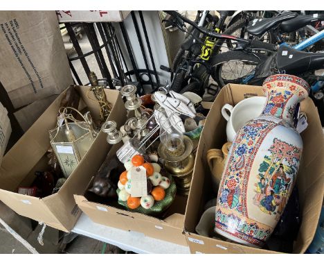 Three boxes of miscellaneous pottery including paraffin lamp, ethnic mask, fishing reel, oriental vase, stoneware, and chambe