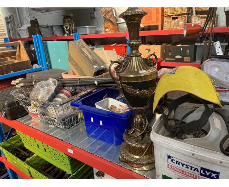 Four boxes and a bucket of assorted garage wares including chimney sweep brushes, ornate table lamp, boxed router, 2 cordless