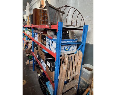 A pair of wooden step ladders, a wooden 20 bottle wine rack, metal washboard, and a wall hanging hay feeder 