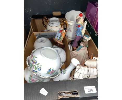 2 boxes of misc ceramics, ornaments, Coalport, Leonardo Collection figures, 2 sailing ships, bisque doll, Wedgwood trinket di