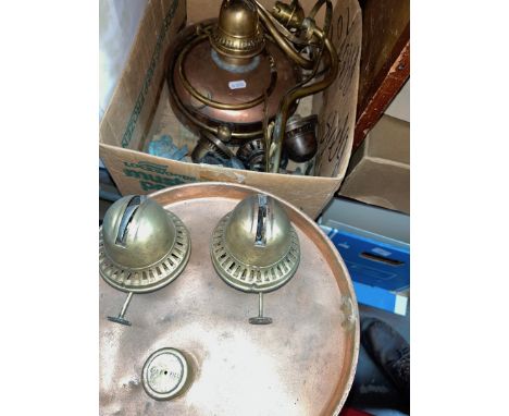 2 copper paraffin lamps and brass light fittings (no glass)Condition:- General wear through age and use, extra accessories in