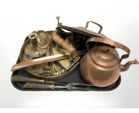 Assorted brass and copper wares, including teapot, oil cans, shallow dish, cutlery etc 