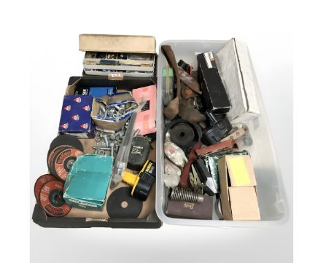 A quantity of tools and hardware, hand tools, grinding discs, mortice lock, etc. (2 boxes)