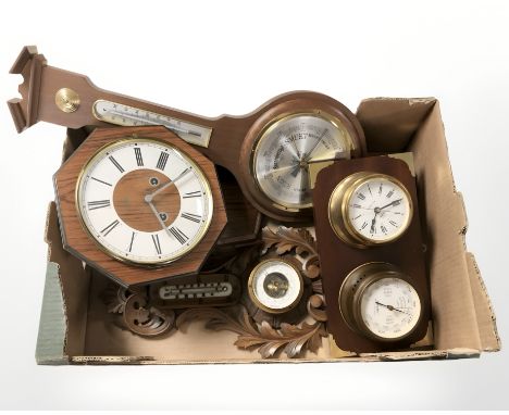 A group of continental barometers, including ornately carved beech example, combination quartz marine timepiece and barometer