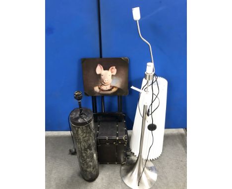 Two continental lamps, leather bound trunk and a folding occasional table depicting a pig 