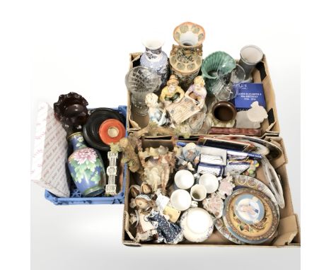 A group of continental figurines, collector's plates including Spode, contemporary Oriental ceramic vases, royal commemorativ