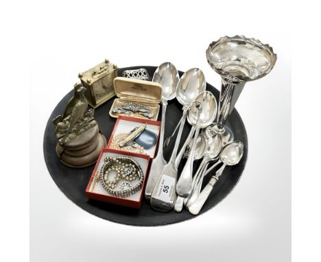 A pair of silver plated basting spoons, costume jewellery, silver plated vase, brass-cased mantle clock, pair of brass pheasa