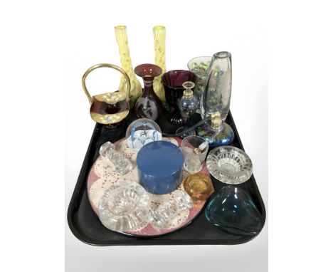 A group of Art glass items : Caithness, pair of Victorian yellow onion vases, glass marbles, iridescent atomiser, etc 