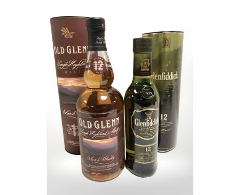 A bottle of Glenfiddich single malt scotch whisky, 12 years old, 350ml, and a bottle of Old Glenn single highland malt scotch