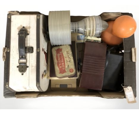 A 1970's decanter retaining contents, plastic model jet engine, Halliwell of New York solar beam in bakelite case, attache ca