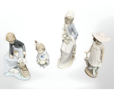 A Lladro figure and three others by Nao, tallest 24cm. (4)