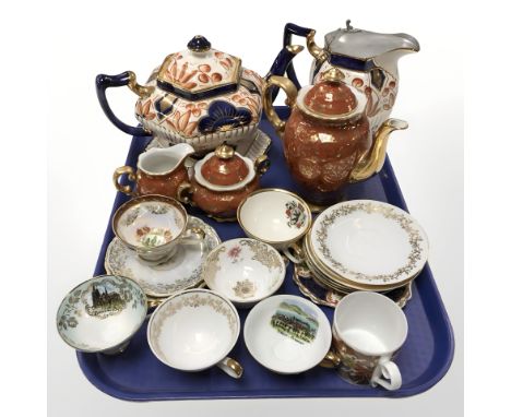 An Imari teapot and matching pewter lidded jug, assorted Bavarian porcelain tea cups, saucers, Dresden three piece tea servic