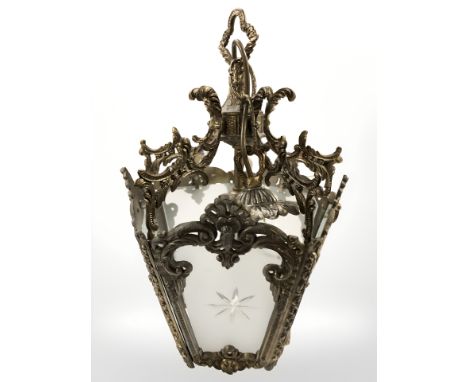 A 19th century style gilt metal and frosted glass hanging light shade, height 51 cm including fitting 