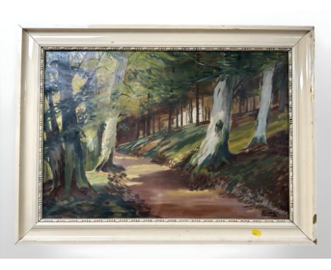 K Lange : A woodland path, oil on canvas, 44 cm x 64 cm.