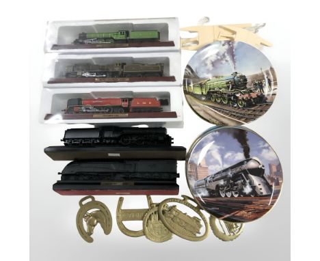 A group of scale model locomotives, two further models made of British coal, related collector's plates, horse brasses.