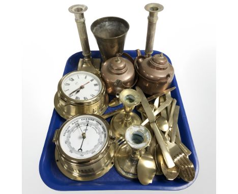 A quantity of brass cutlery, two pairs of candlesticks, two copper kettles, a West German Schatz brass cased ships-style baro