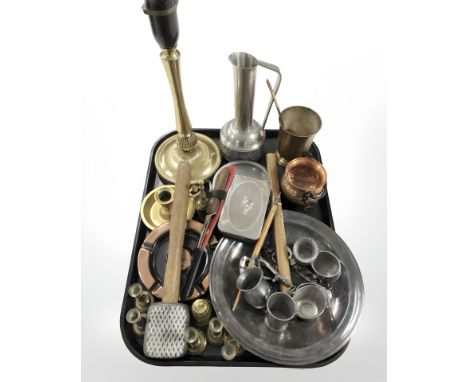 Metal wares to include, brass lamp base and candlestick, pewter wares, butchers mallet, cigar cutter, etc.