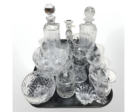 Two crystal decanters, various tumblers, rummers, candlestick, bowls, etc.