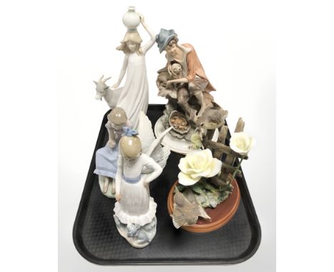 An Italian porcelain figure of a tramp and dog, Russel Willis Border Fine Arts figure of birds and three Nao figures.