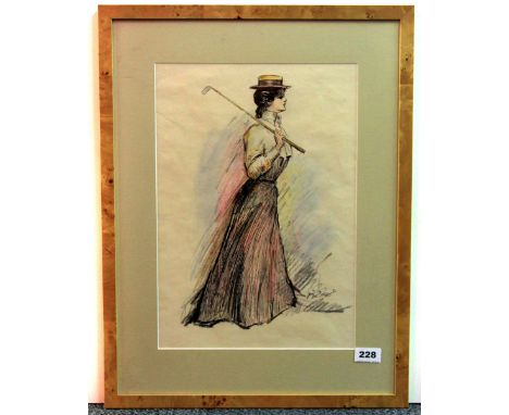 A lovely framed lithograph of an Edwardian lady with a golf club, 44 x 58cm.
