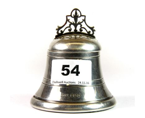 A hallmarked silver inkwell in the form of a bell, the hinged lid opening to reveal a blue glass liner, H. 8.5cm, S. J. Rose 